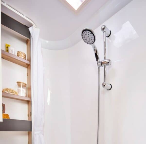Gloss white shower wet room with washroom storage cupboard inside the D4-2